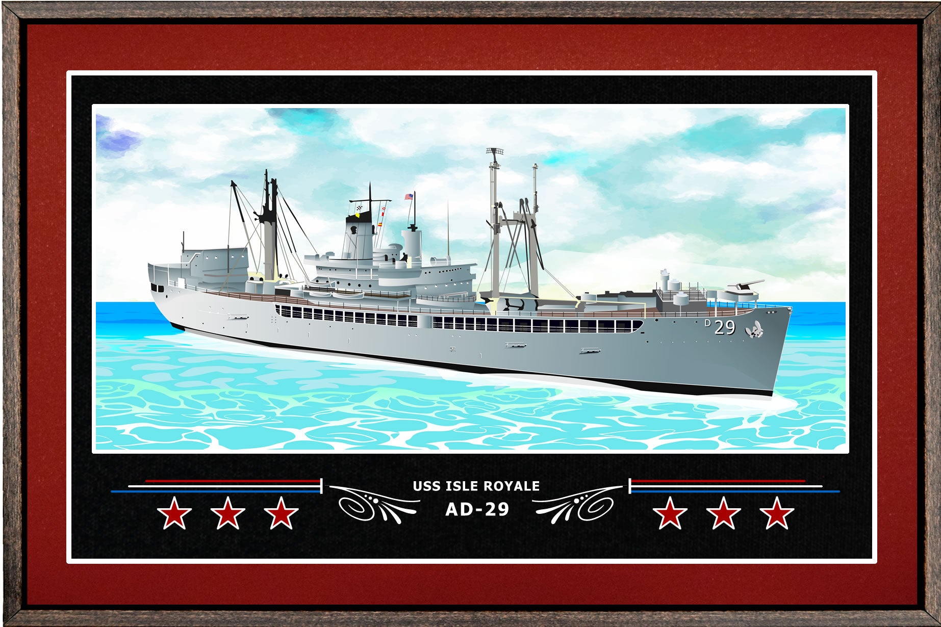 USS ISLE ROYALE AD 29 BOX FRAMED CANVAS ART BURGUNDY