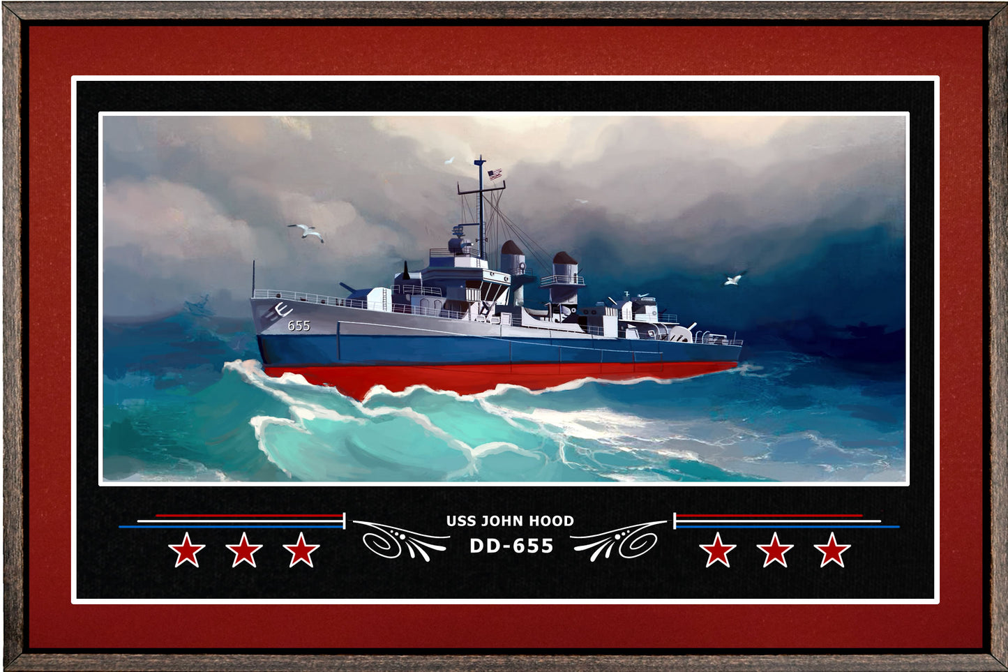 USS JOHN HOOD DD 655 BOX FRAMED CANVAS ART BURGUNDY