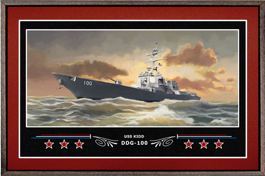 USS KIDD DDG 100 BOX FRAMED CANVAS ART BURGUNDY