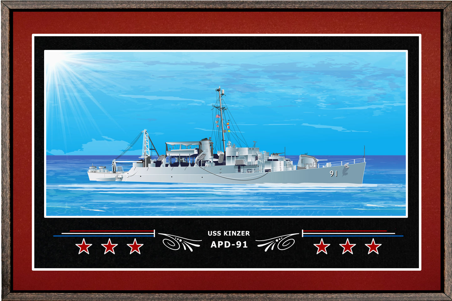 USS KINZER APD 91 BOX FRAMED CANVAS ART BURGUNDY