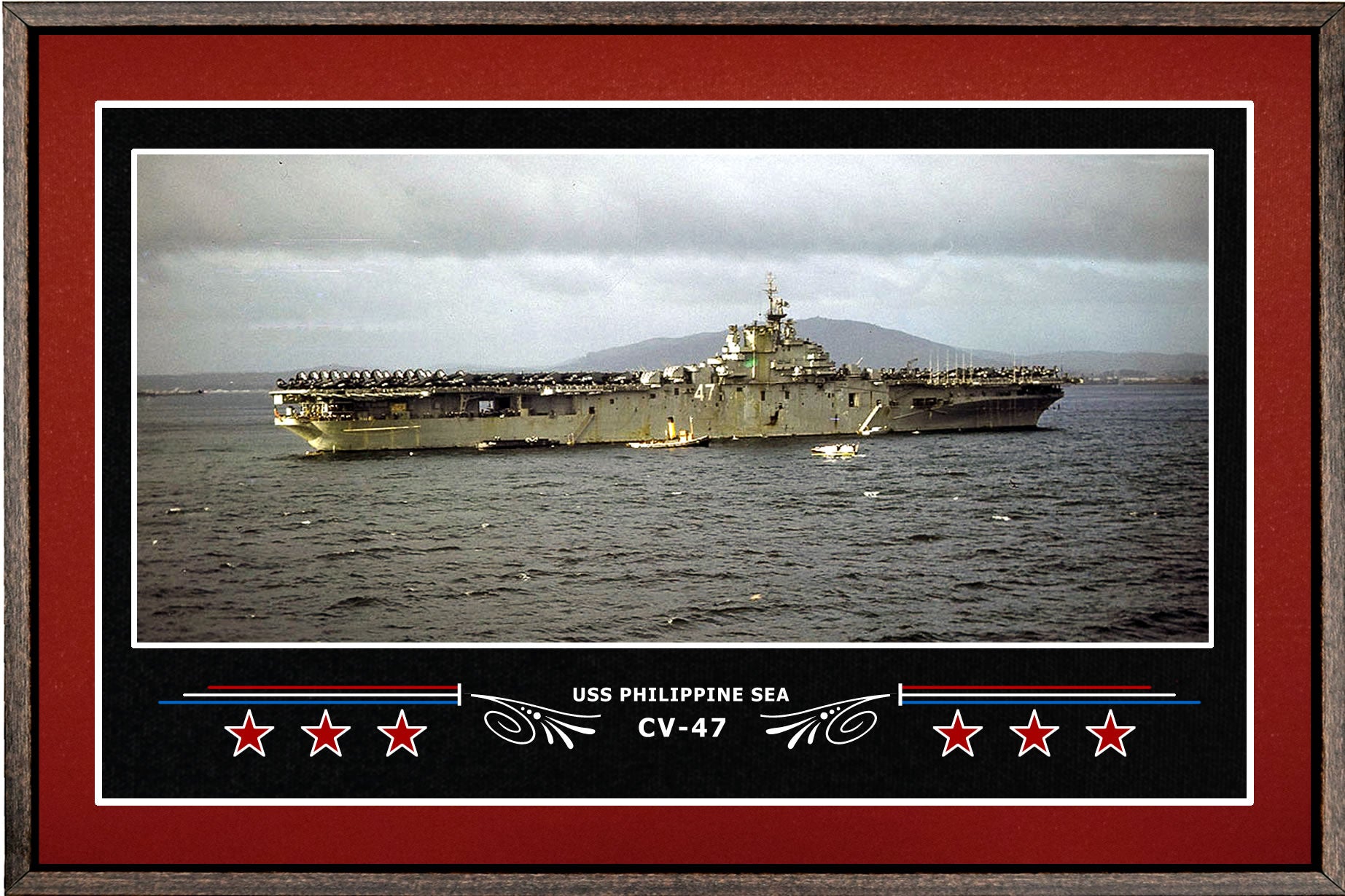 USS PHILIPPINE SEA CV 47 BOX FRAMED CANVAS ART BURGUNDY