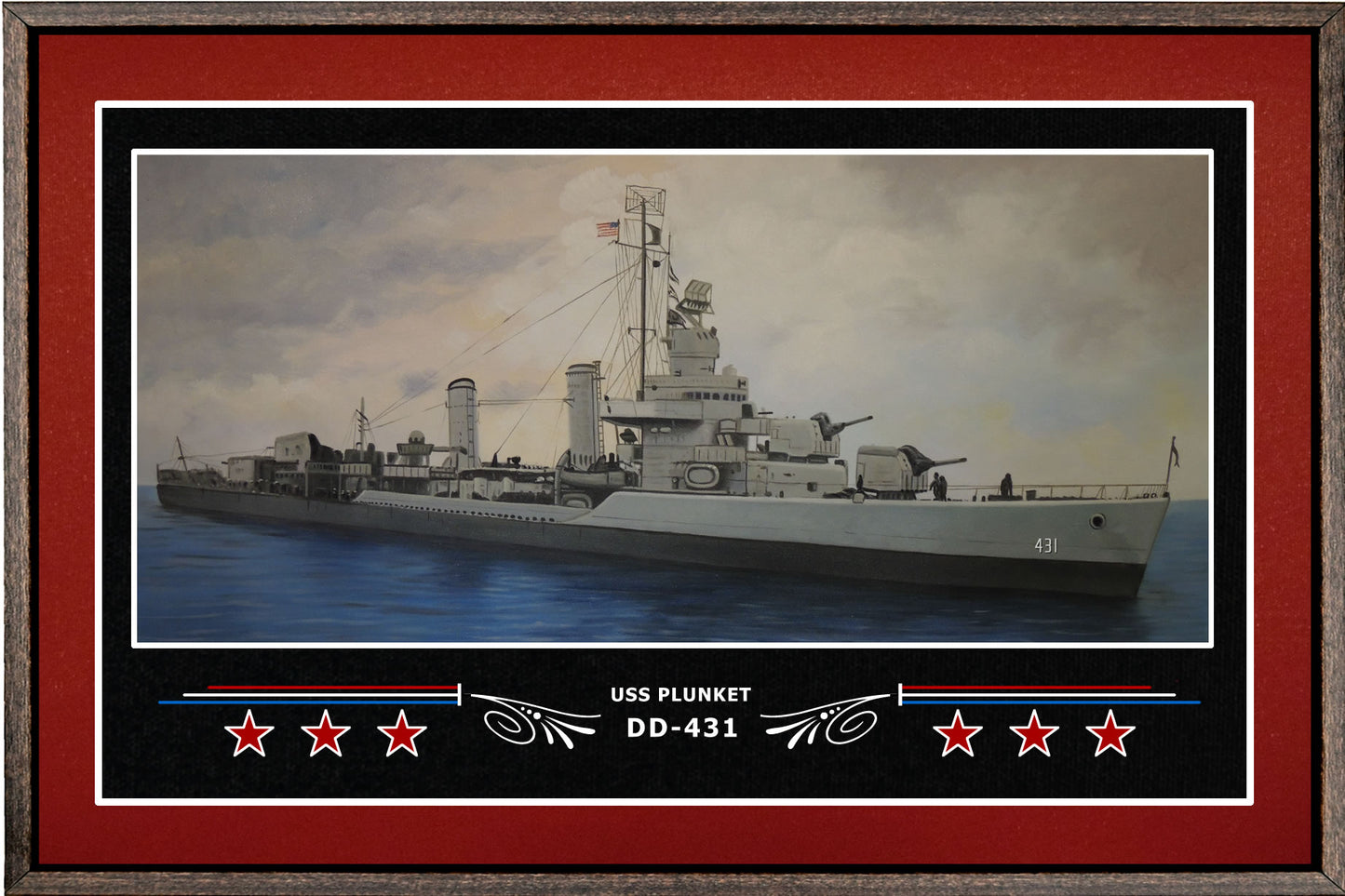 USS PLUNKET DD 431 BOX FRAMED CANVAS ART BURGUNDY