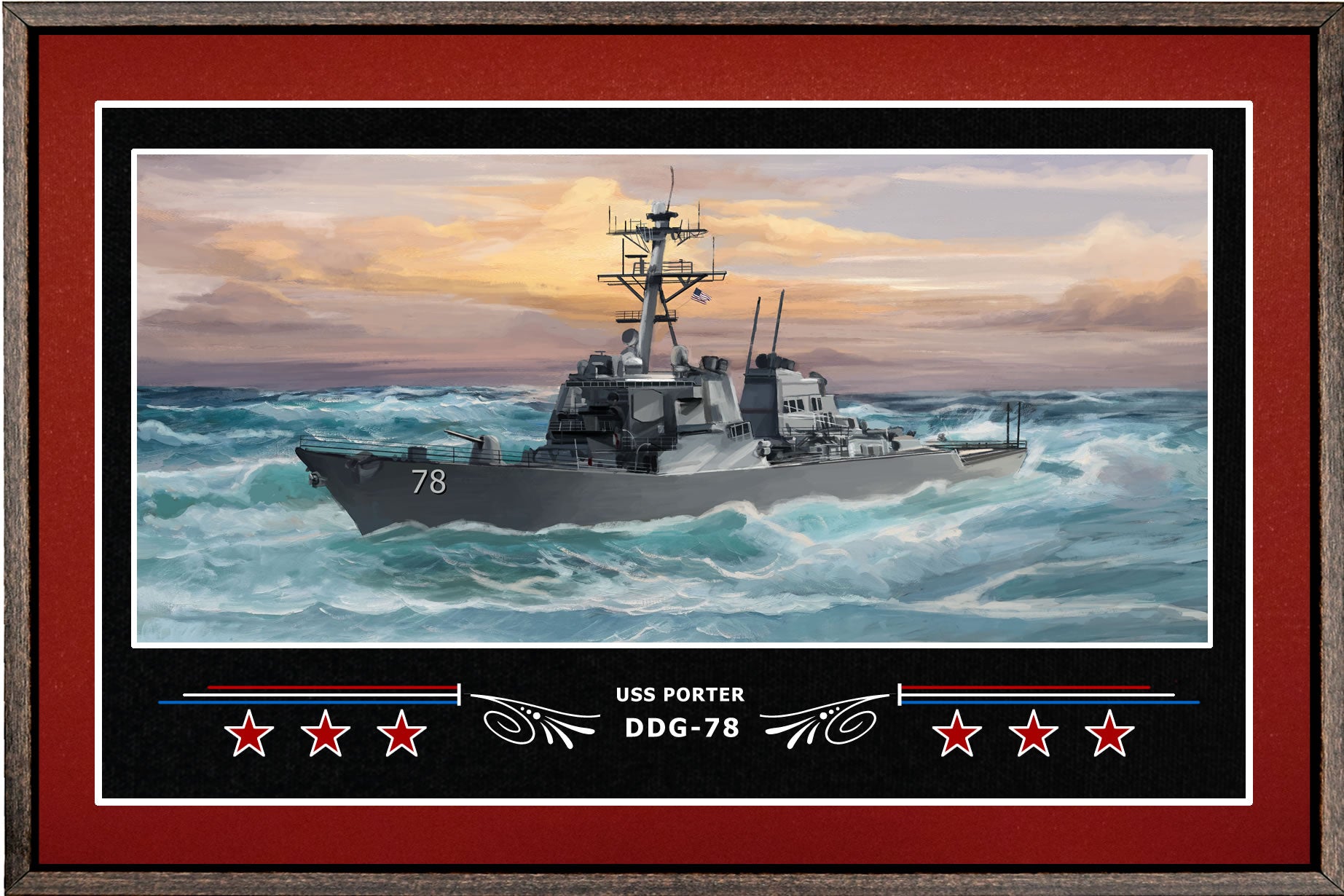 USS PORTER DDG 78 BOX FRAMED CANVAS ART BURGUNDY