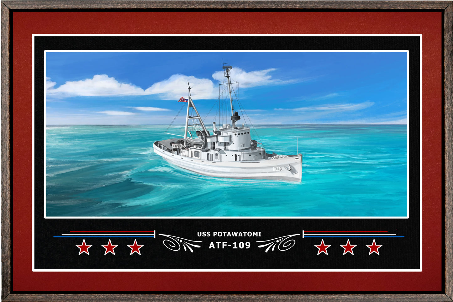 USS POTAWATOMI ATF 109 BOX FRAMED CANVAS ART BURGUNDY
