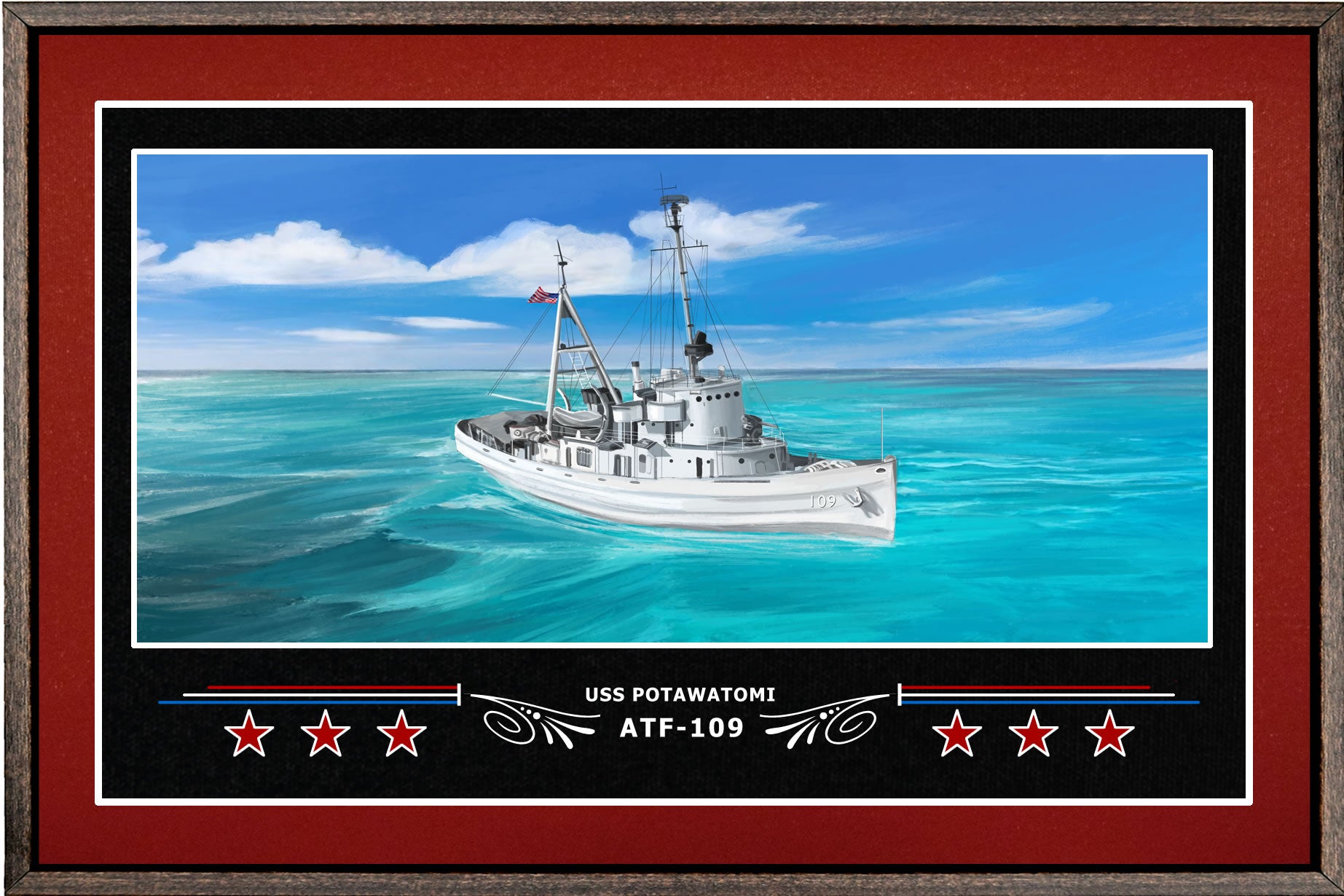 USS POTAWATOMI ATF 109 BOX FRAMED CANVAS ART BURGUNDY