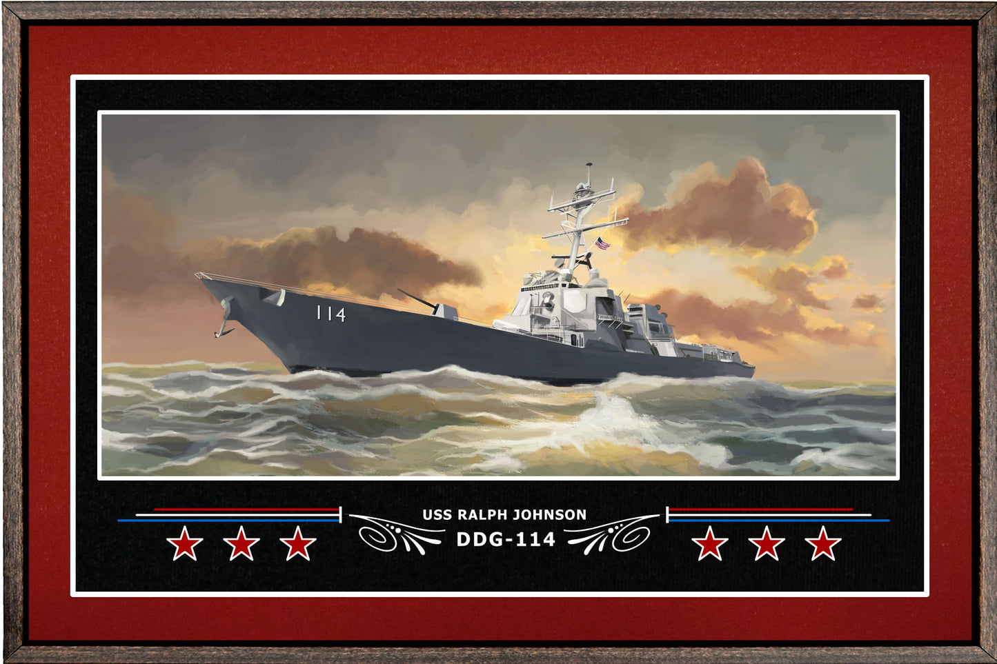 USS RALPH JOHNSON DDG 114 BOX FRAMED CANVAS ART BURGUNDY