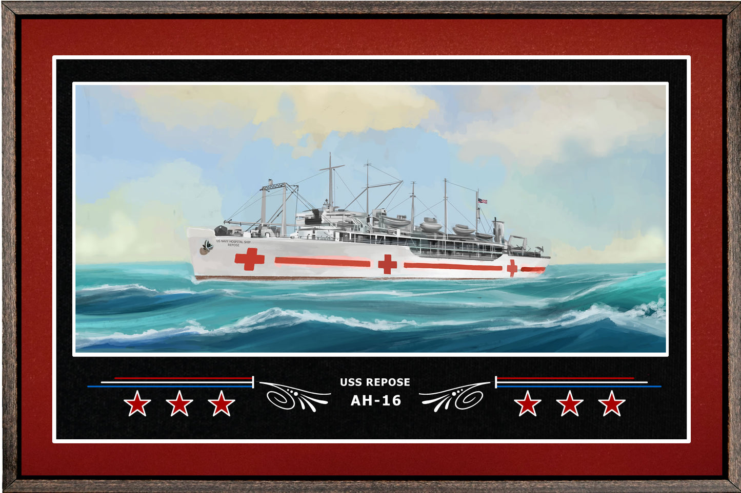 USS REPOSE AH 16 BOX FRAMED CANVAS ART BURGUNDY