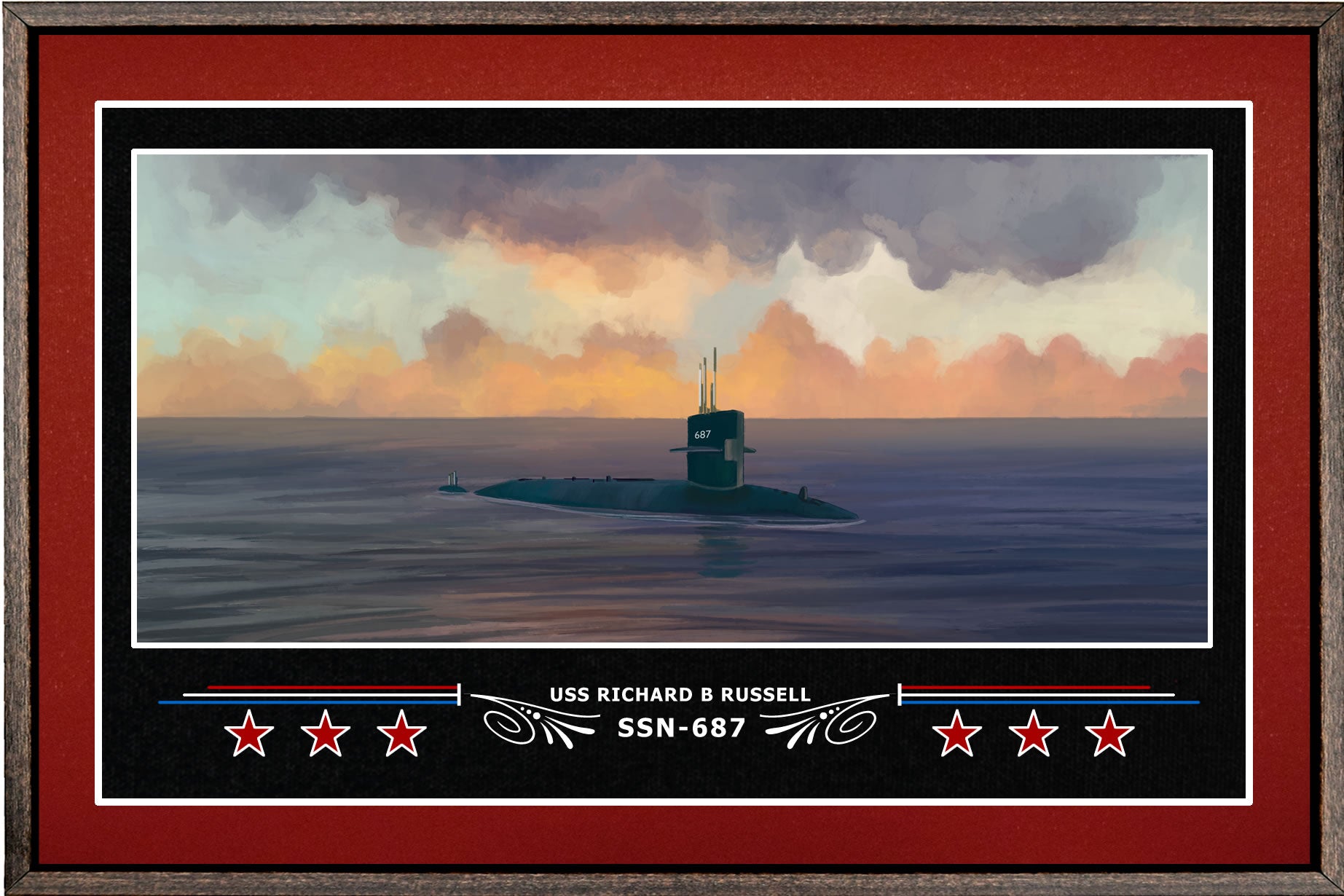 USS RICHARD B RUSSELL SSN 687 BOX FRAMED CANVAS ART BURGUNDY