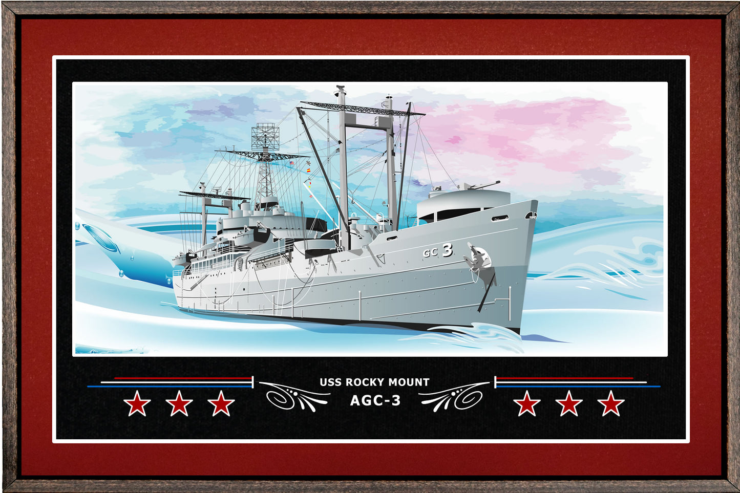 USS ROCKY MOUNT AGC 3 BOX FRAMED CANVAS ART BURGUNDY