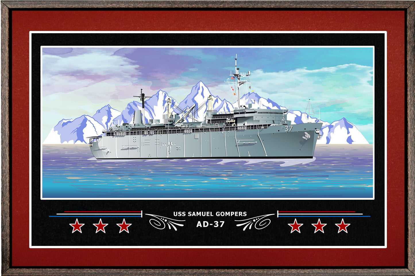 USS SAMUEL GOMPERS AD 37 BOX FRAMED CANVAS ART BURGUNDY