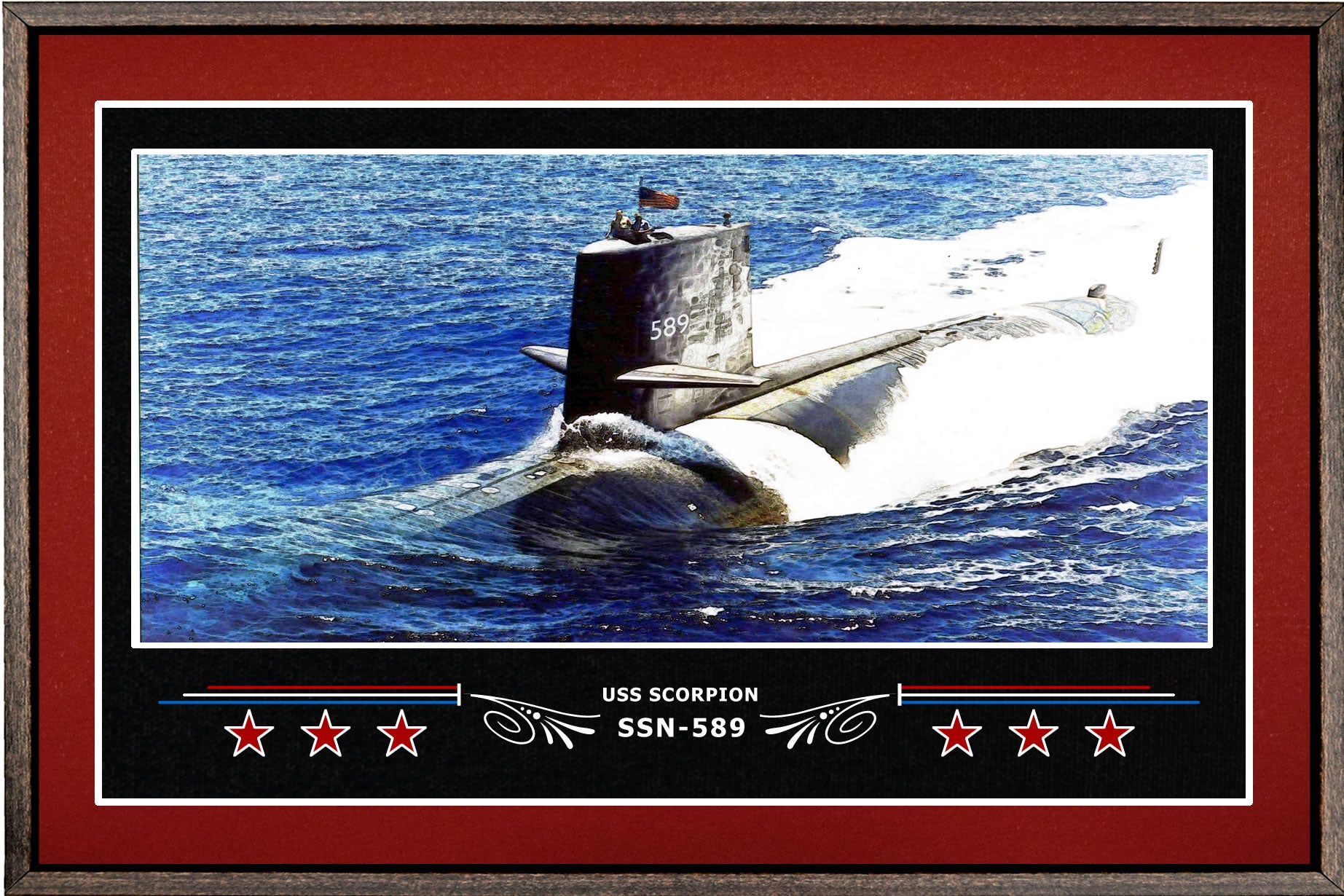 USS SCORPION SSN 589 BOX FRAMED CANVAS ART BURGUNDY