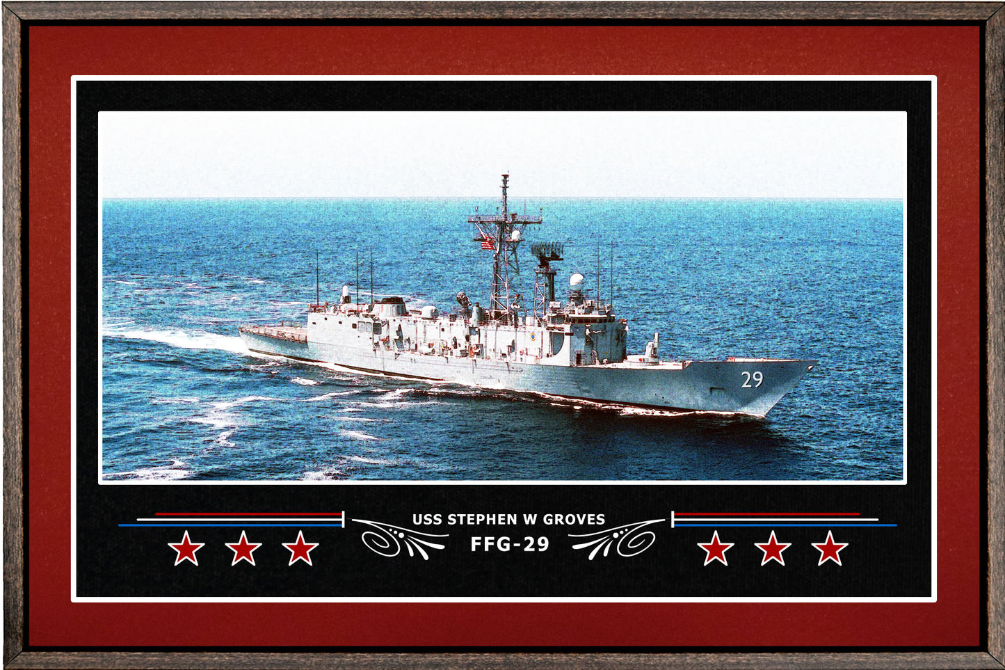 USS STEPHEN W GROVES FFG 29 BOX FRAMED CANVAS ART BURGUNDY