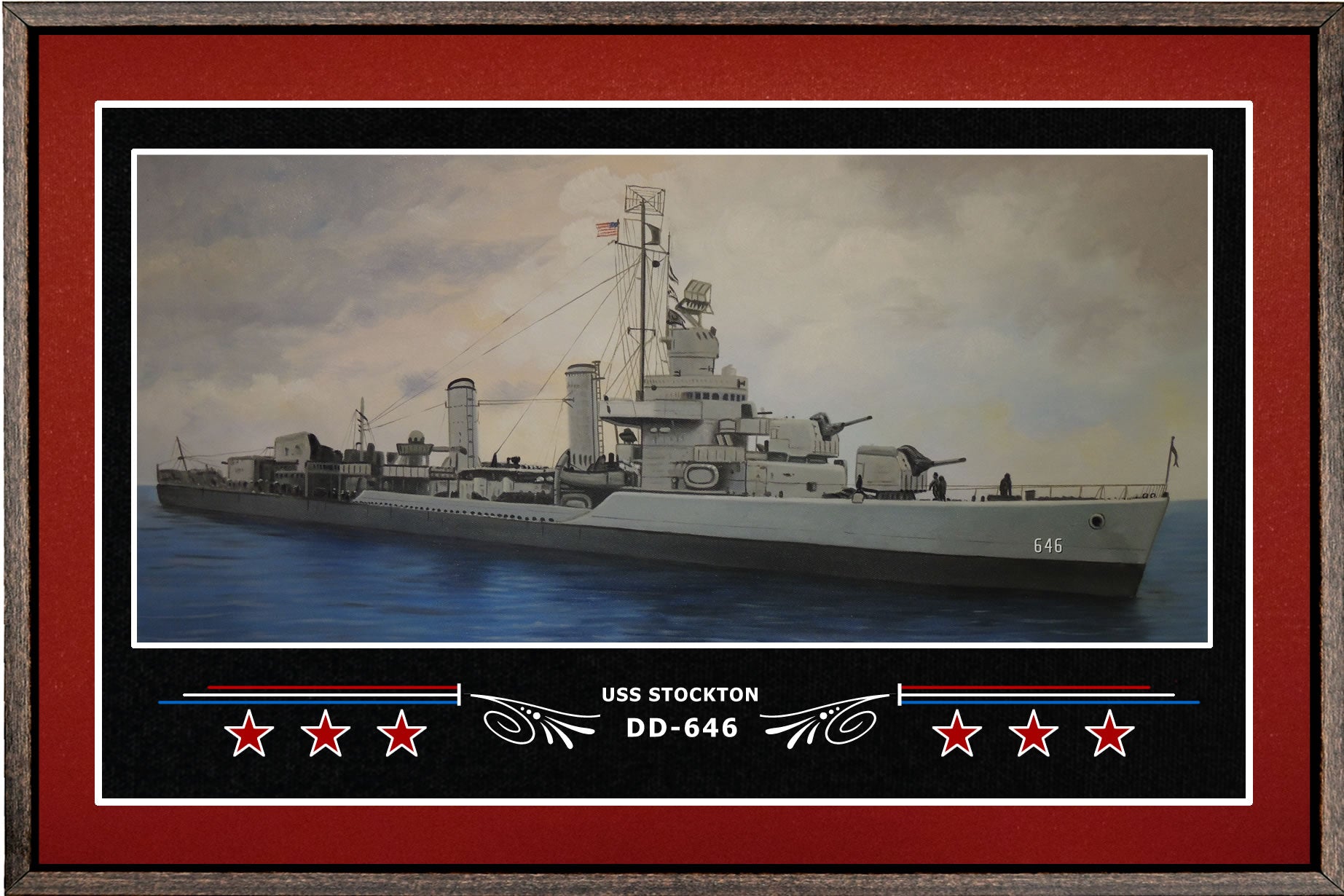 USS STOCKTON DD 646 BOX FRAMED CANVAS ART BURGUNDY