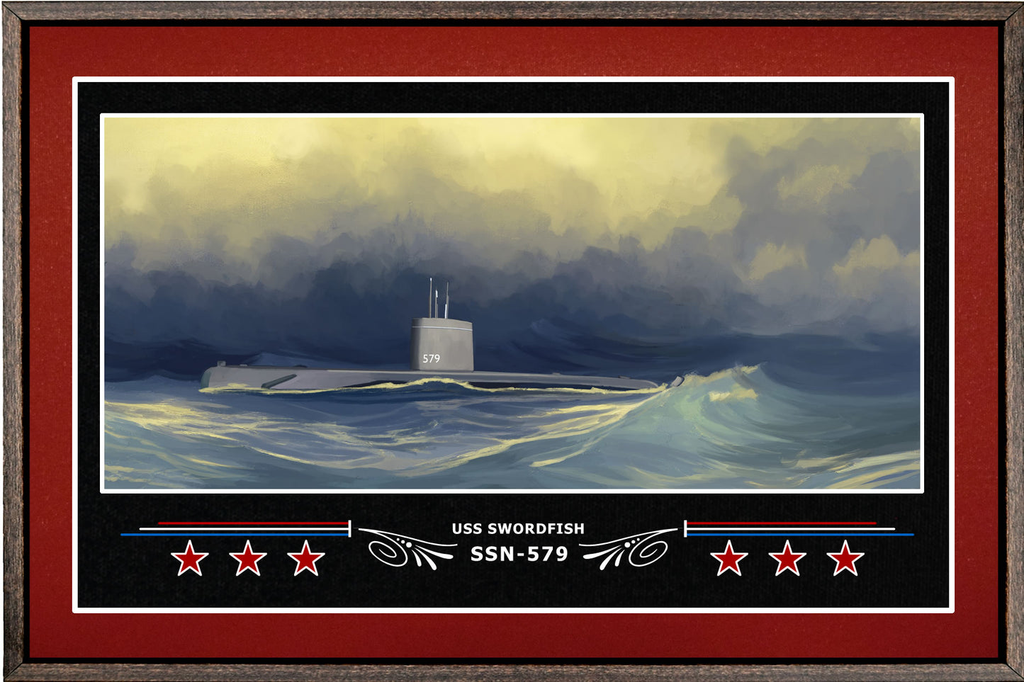 USS SWORDFISH SSN 579 BOX FRAMED CANVAS ART BURGUNDY