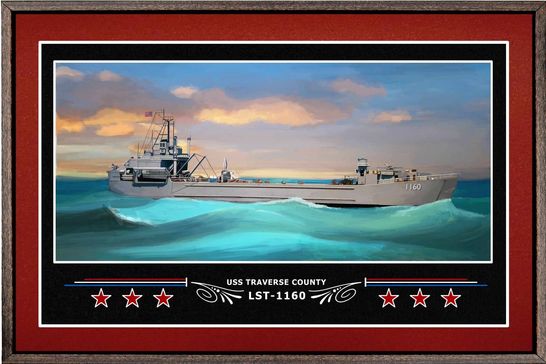 USS TRAVERSE COUNTY LST 1160 BOX FRAMED CANVAS ART BURGUNDY