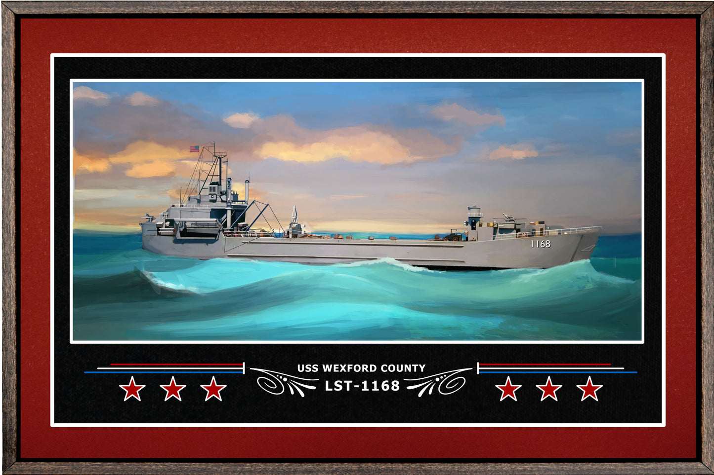 USS WEXFORD COUNTY LST 1168 BOX FRAMED CANVAS ART BURGUNDY