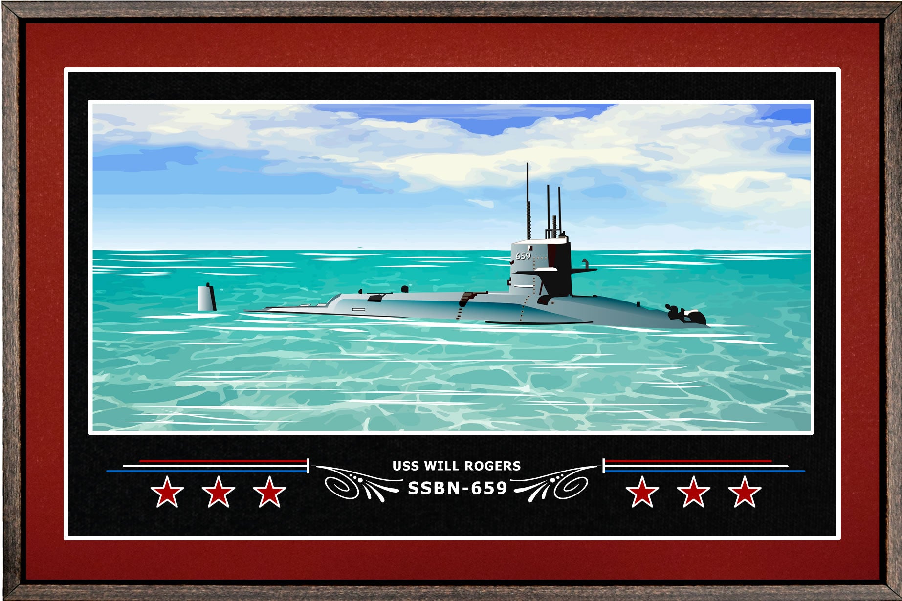 USS WILL ROGERS SSBN 659 BOX FRAMED CANVAS ART BURGUNDY