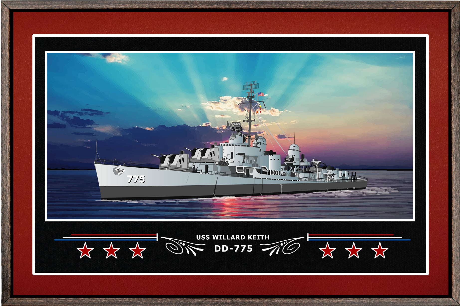 USS WILLARD KEITH DD 775 BOX FRAMED CANVAS ART BURGUNDY