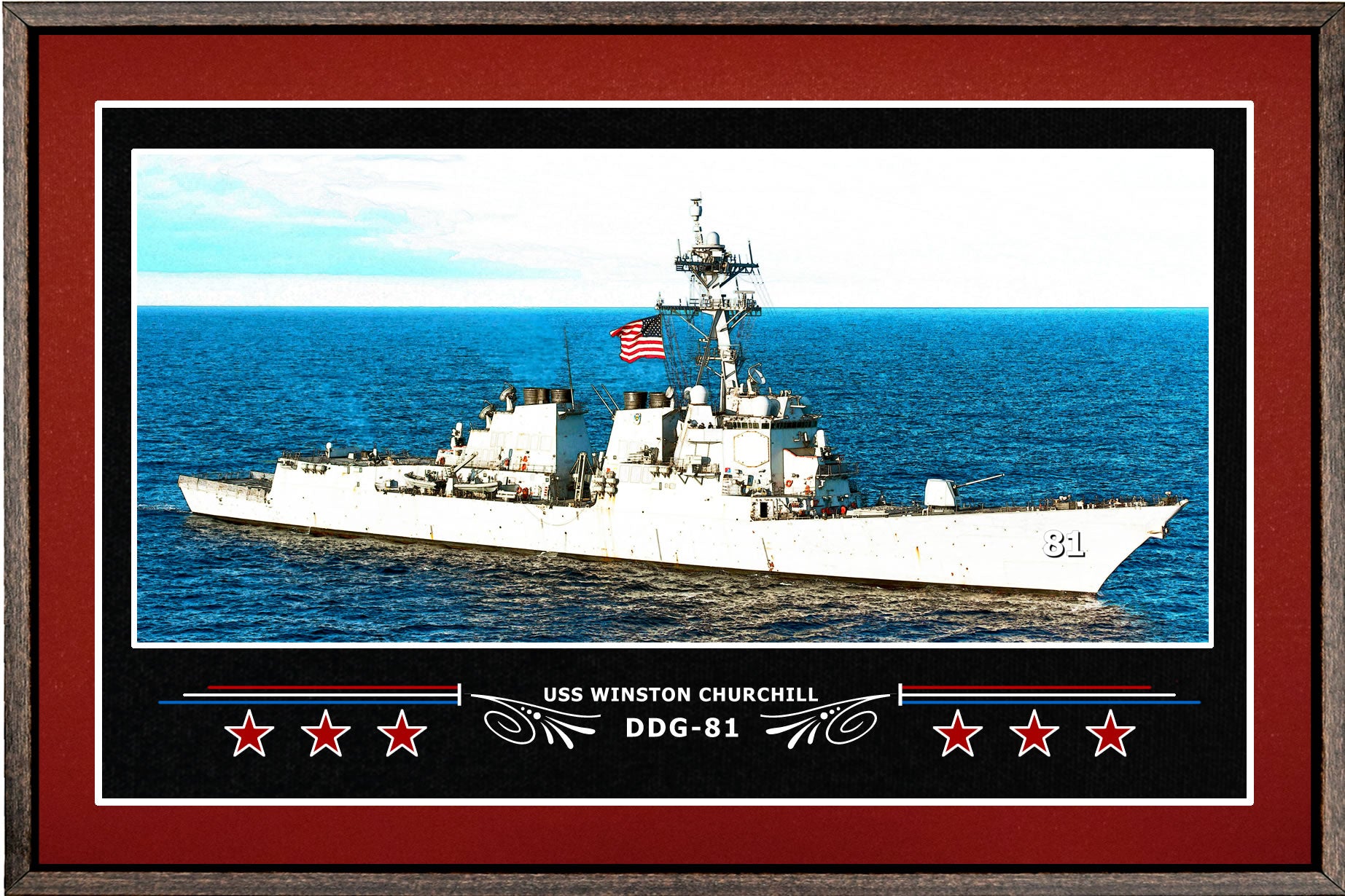 USS WINSTON CHURCHILL DDG 81 BOX FRAMED CANVAS ART BURGUNDY