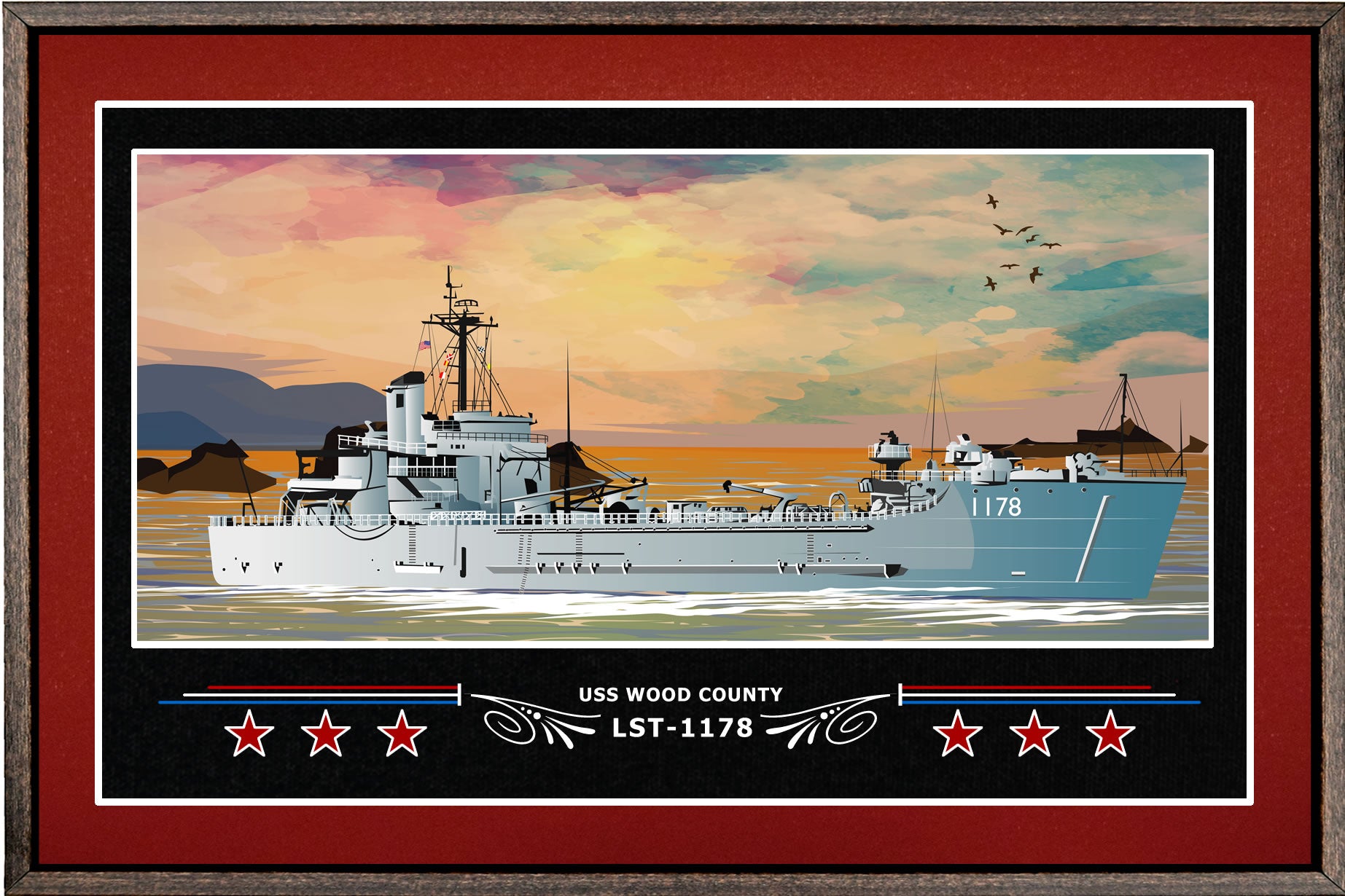 USS WOOD COUNTY LST 1178 BOX FRAMED CANVAS ART BURGUNDY