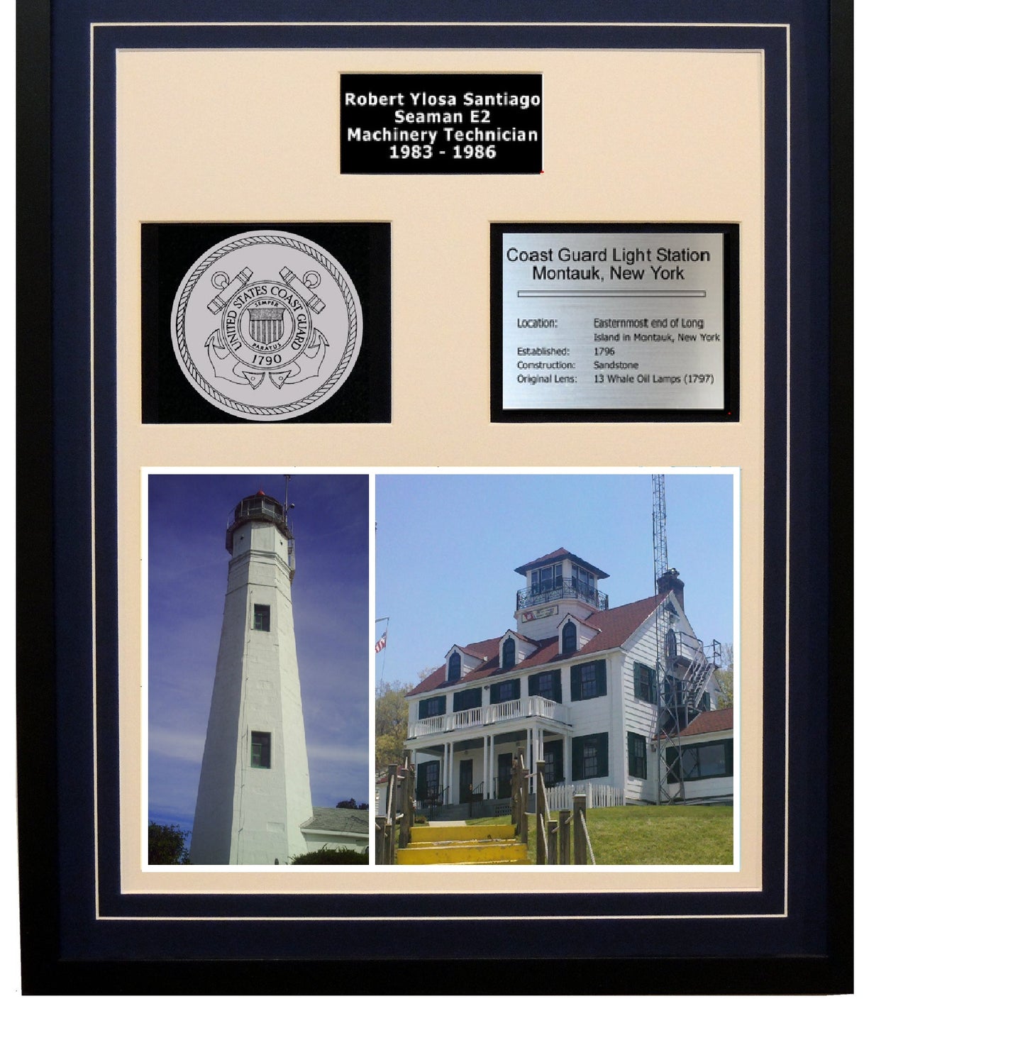 Coast Guard Light Station Montauk, New York Framed Coast Guard Ship Display - Blue Matting