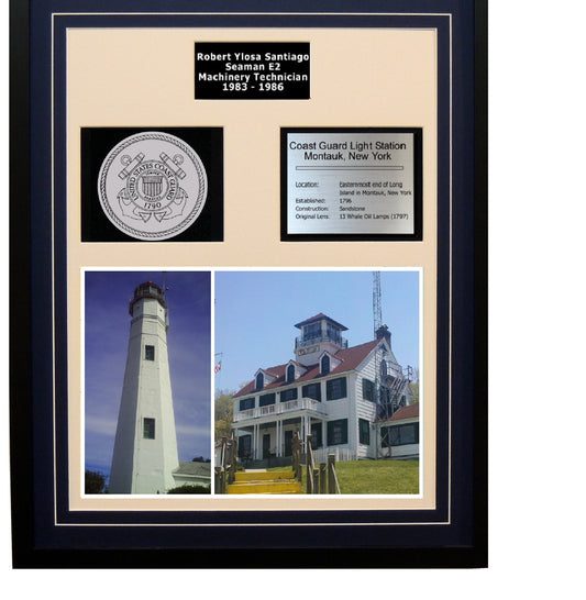 Coast Guard Light Station Montauk, New York Framed Coast Guard Ship Display - Blue Matting