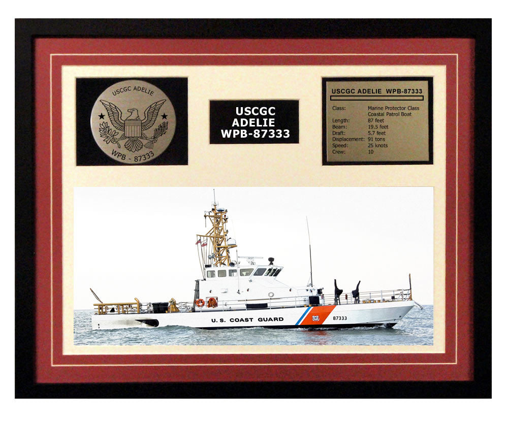 USCGC Adelie WPB-87333 Framed Coast Guard Ship Display Burgundy