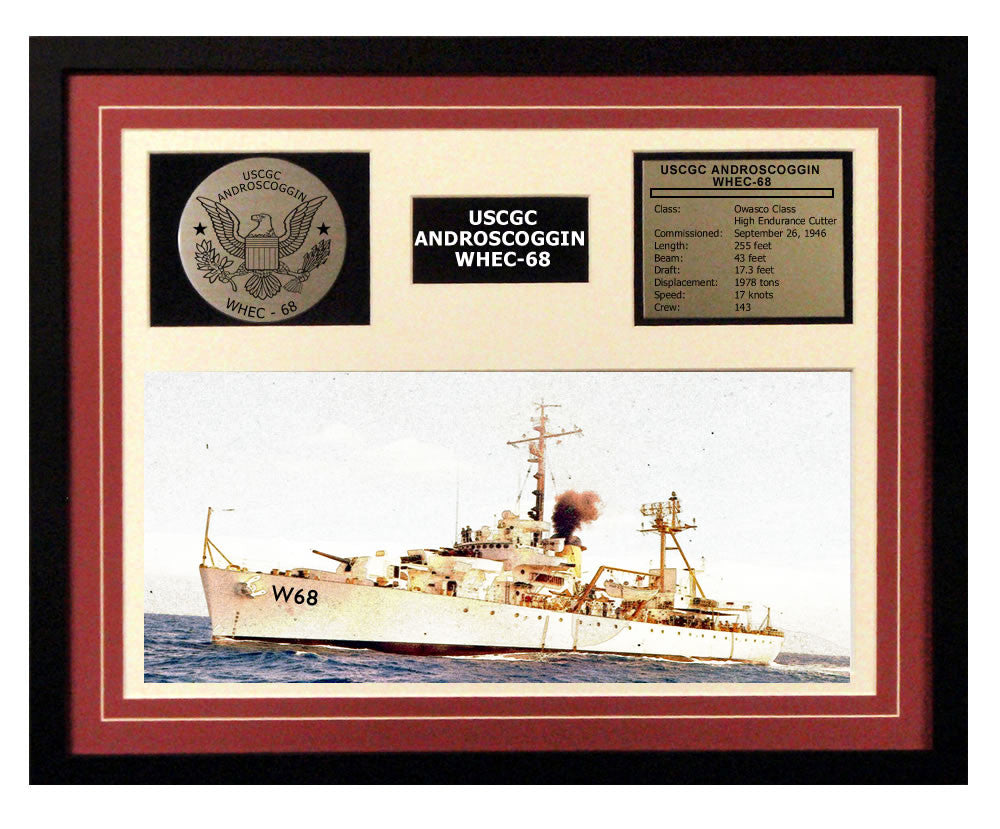 USCGC Androscoggin WHEC-68 Framed Coast Guard Ship Display Burgundy