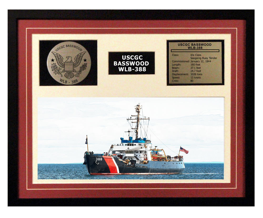 USCGC Basswood WLB-388 Framed Coast Guard Ship Display Burgundy