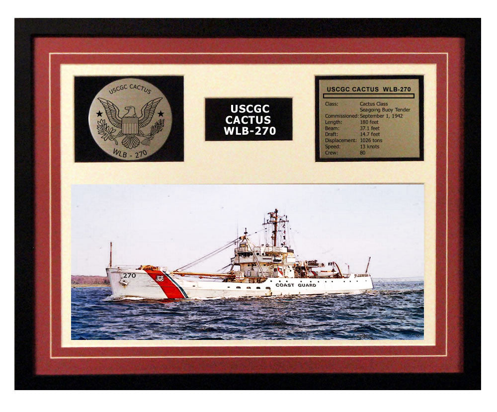 USCGC Cactus WLB-270 Framed Coast Guard Ship Display Burgundy