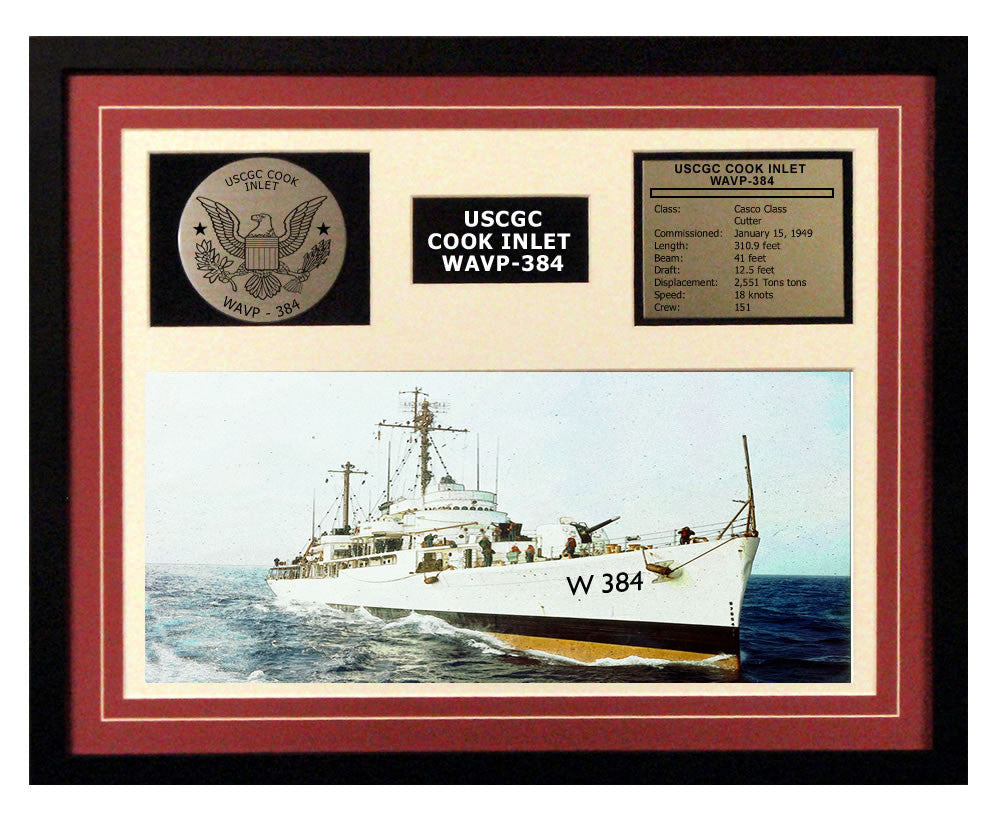 USCGC Cook Inlet WAVP-384 Framed Coast Guard Ship Display Burgundy