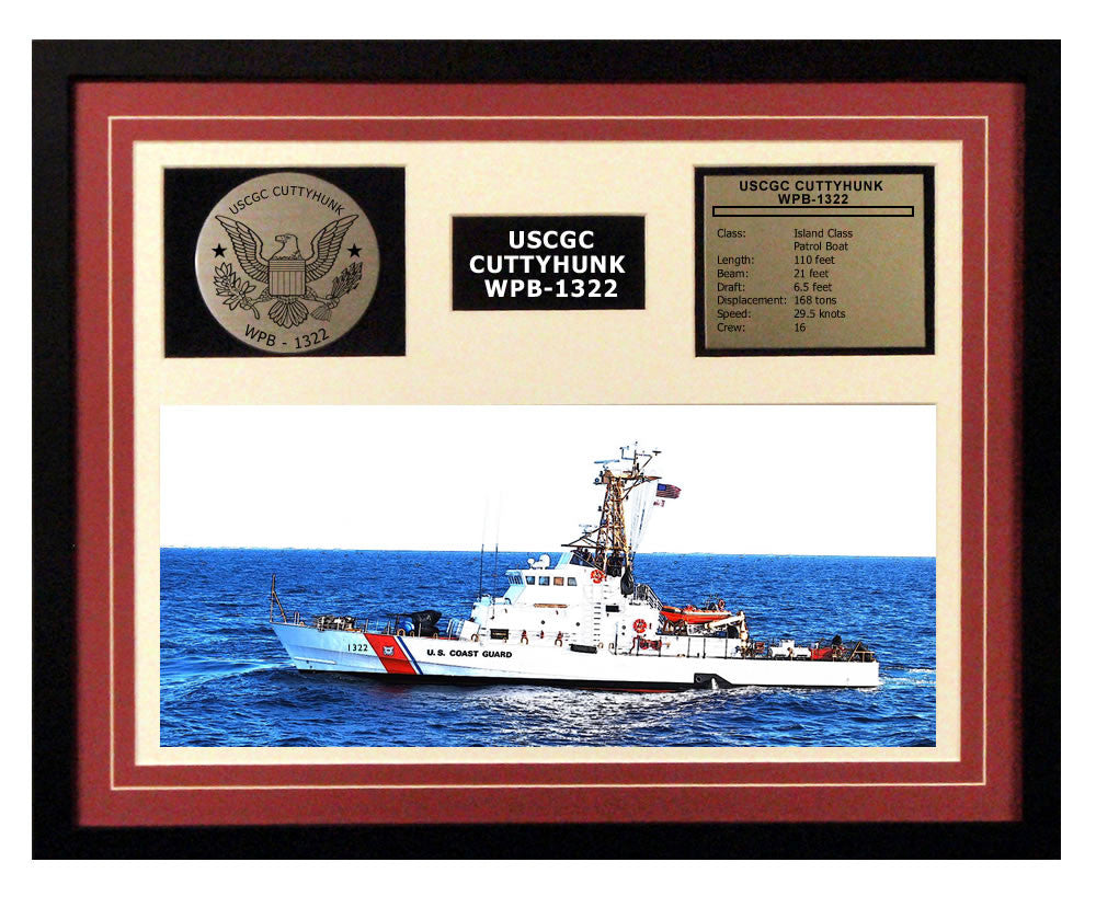 USCGC Cuttyhunk WPB-1322 Framed Coast Guard Ship Display Burgundy