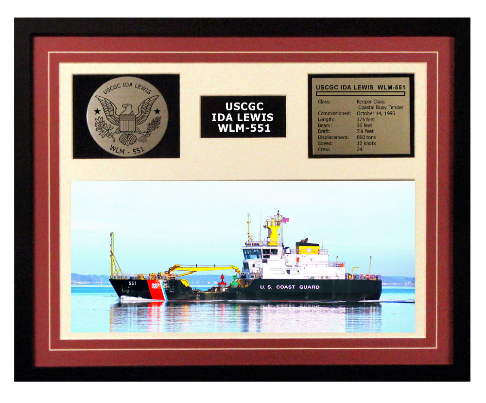 USCGC Ida Lewis WLM-551 Framed Coast Guard Ship Display Burgundy
