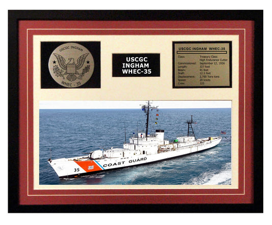 USCGC Ingham WHEC-35 Framed Coast Guard Ship Display Burgundy