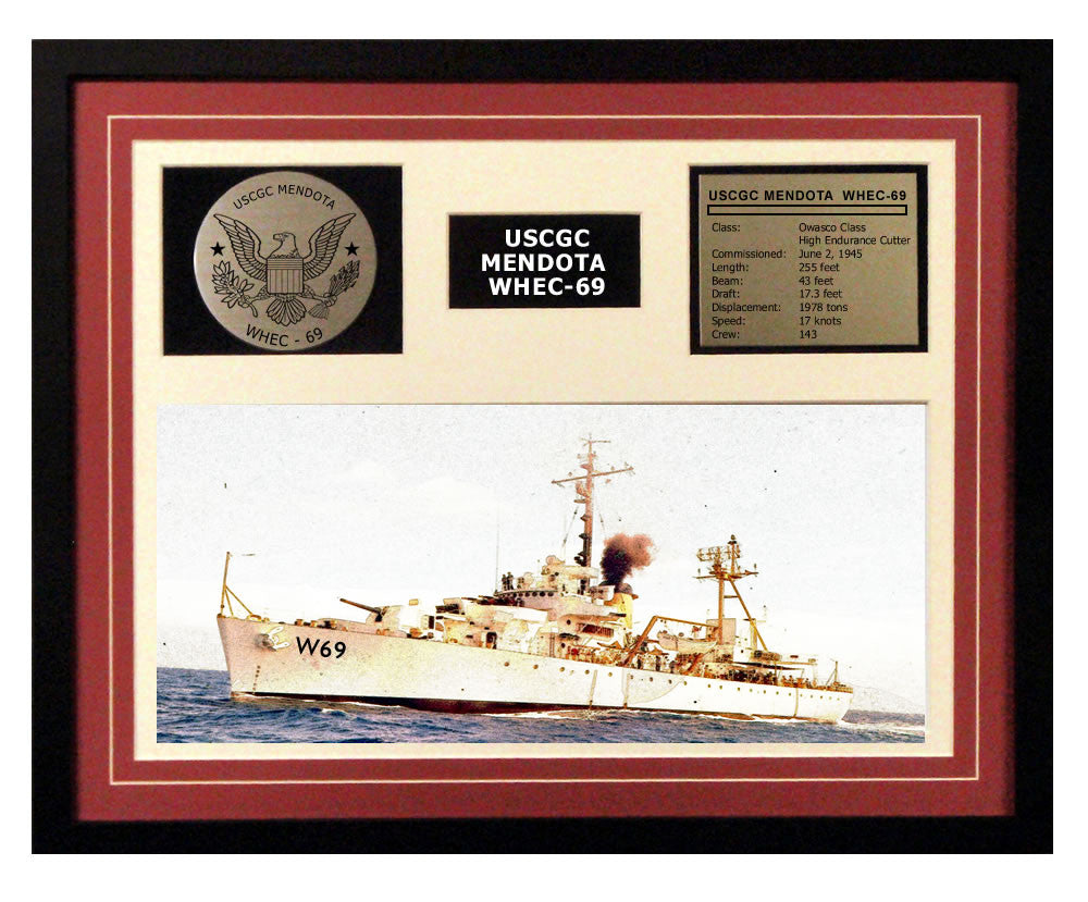 USCGC Mendota WHEC-69 Framed Coast Guard Ship Display Burgundy