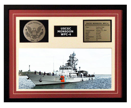 USCGC Monsoon WPC-4 Framed Coast Guard Ship Display Burgundy