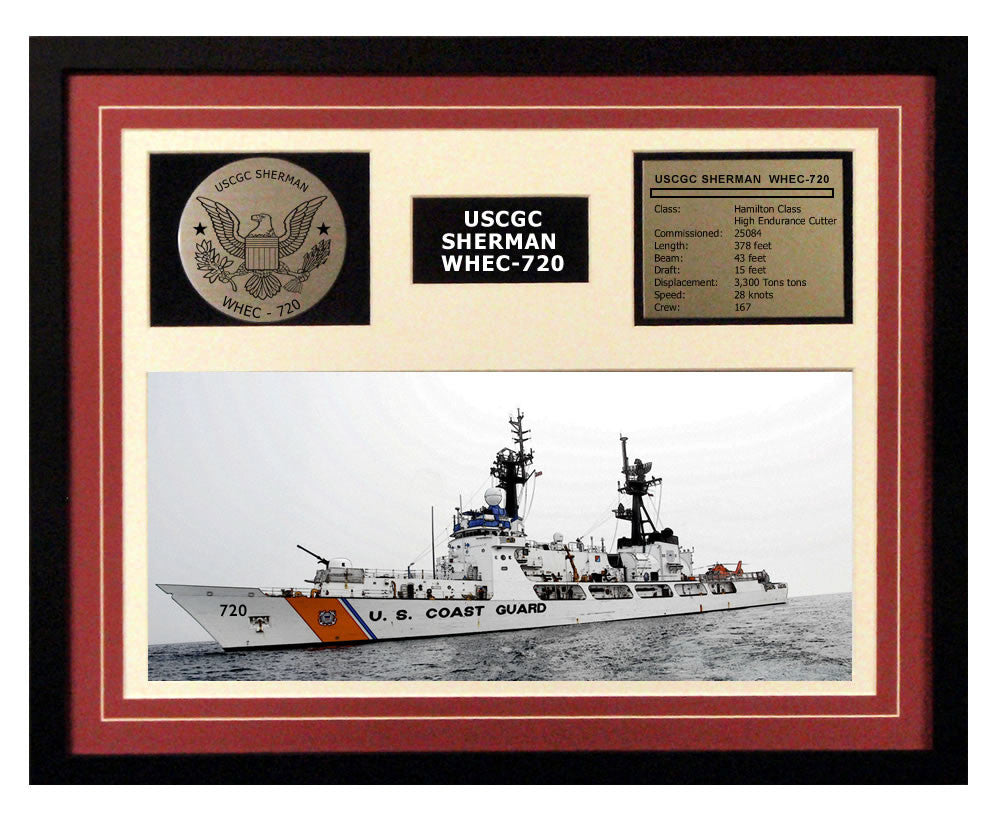 USCGC Sherman WHEC-720 Framed Coast Guard Ship Display Burgundy